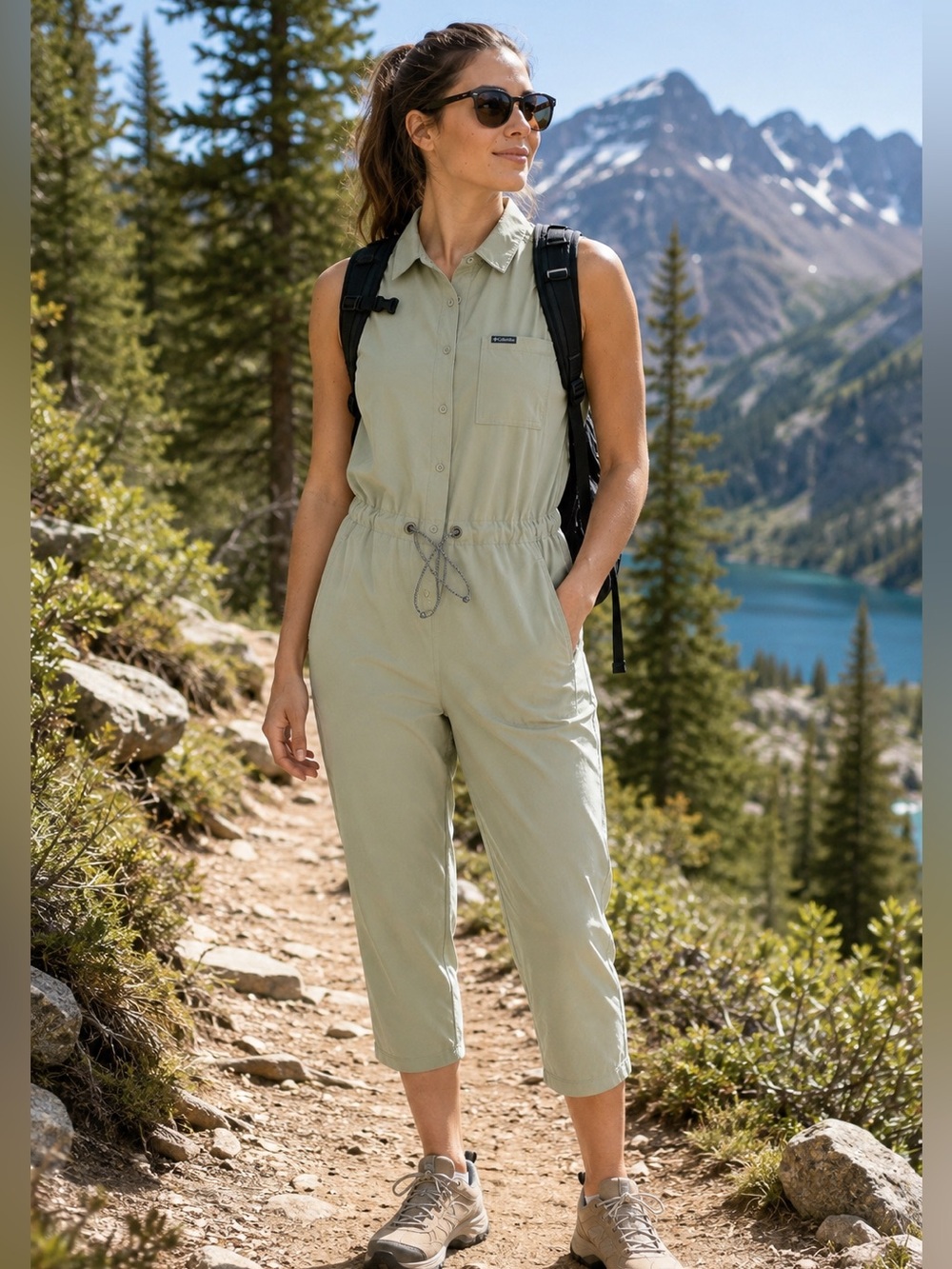 COLUMBIA Anytime Flex Romper Sage Green Sleeveless Stretch Utility UPF Jumpsuit